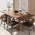Modern Restaurant Interior With Wooden Dining Table Six Chairs Black Seats Vase And Green Plants