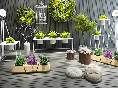 Beautiful Bonsai And Potted Plants Arrangement With Wooden Containers Small Cushions And Green Wall Decor 3d model