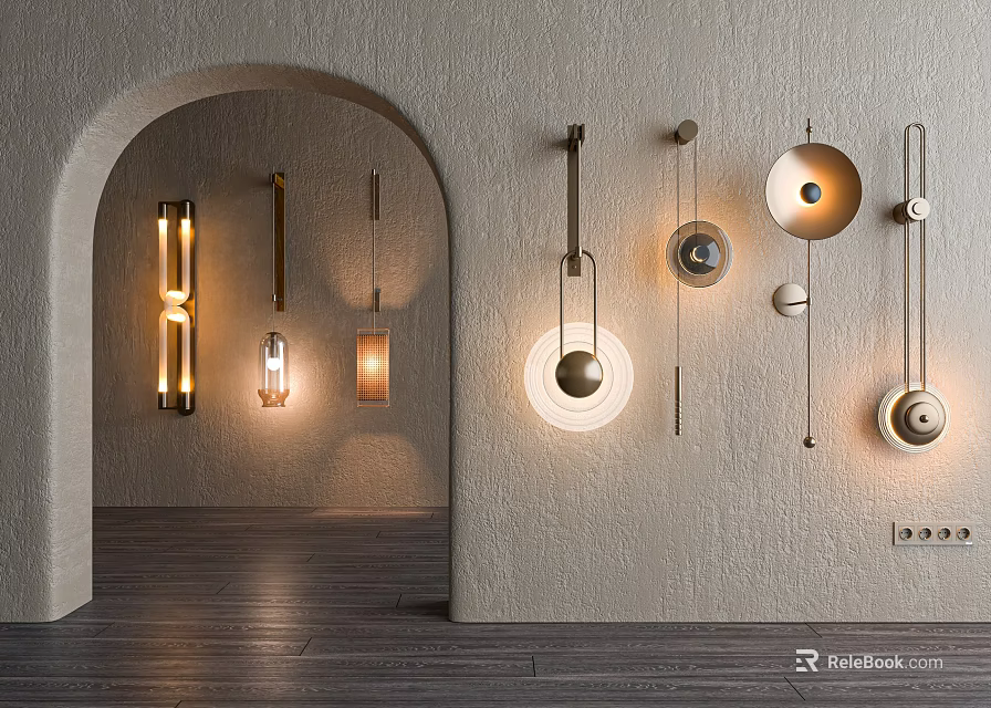 Modern Interior Wall Lamps With Various Designs And Soft Lighting On Minimalist Beige Wall 3d model 