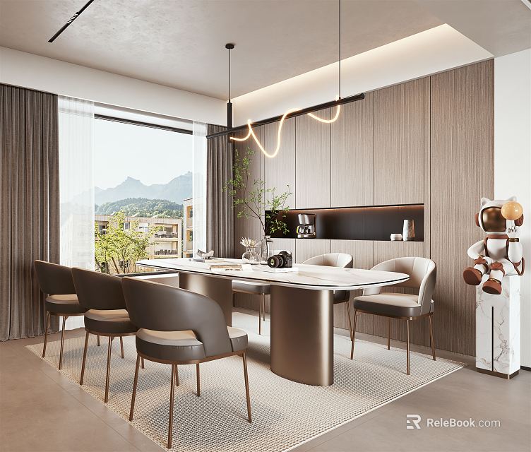 Modern Elegant Restaurant Interior With Wooden Walls Pendant Lights Mountain View And Dining Table 3d model 