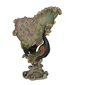 Decorative Peacock Shaped Ornament With Pink Glass Feathers And Gold Accents On Intricate Curved Base