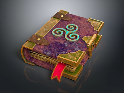Ancient Grimoire Featuring Purple Cover Golden Edges Blue Spiral Design And Red Ribbon Bookmark 3d model