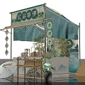 Folk Intangible Heritage Exhibition Stall With Bamboo Structure Traditional Decorations And Fan