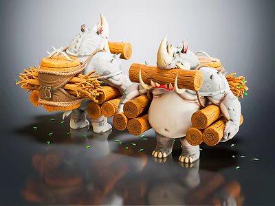 Adorable Fantasy Rhinoceros Game Movie Characters Carrying Wooden Logs And Branches 3d model