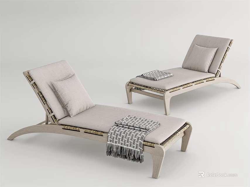 Comfortable Wooden Frame Outdoor Lounge Chairs With Light Cushions And Fringed Blankets 3d model 