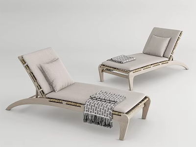 Comfortable Wooden Frame Outdoor Lounge Chairs With Light Cushions And Fringed Blankets 3d model