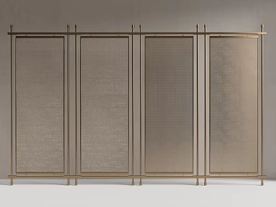 Modern Room Divider With Gold Frame And Multiple Mesh Striped Glass Panels 3d model