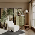 Living Room Interior With Green Decorative Cabinet White Chair Plant Table Lamp Window And Rug