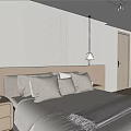Modern Hotel Guest Room With Striped Headboard Wall Pillows And Pendant Lights