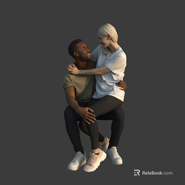 Happy Couple Embracing While Sitting Together With Smiling Faces Against Gray Background 3d model 
