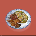 Grilled Meat With Vegetables And Red Toppings On Blue White Patterned Plate 3d model