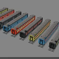 Colorful Model Train Cars in Various Colors Parked on Tracks with Windows