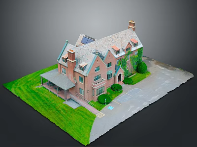 Red Brick House Exterior With Multiple Chimneys Solar Panels Green Lawn And Driveway 3d model