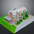 Red Brick House Exterior With Multiple Chimneys Solar Panels Green Lawn And Driveway