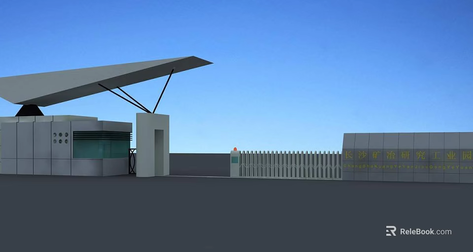 Modern Entrance Gate With Canopy Security Booth And White Fence Under Blue Sky 3d model 