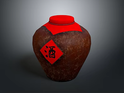 Sculpted Wine Jar With Red Lid And Red Diamond Sticker Featuring Chinese Character Wine 3d model