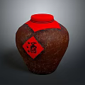 Sculpted Wine Jar With Red Lid And Red Diamond Sticker Featuring Chinese Character Wine