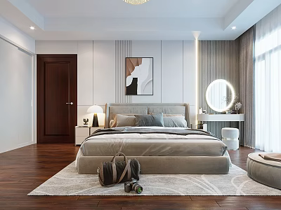 Modern Bedroom Interior With Large Bed Dressing Table Round Mirror Wooden Floor And Painting 3d model