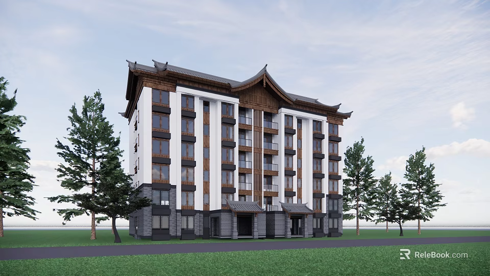 Traditional Chinese Multistory Building with Elegant Curved Roof and Green Lawn Trees 3d model 