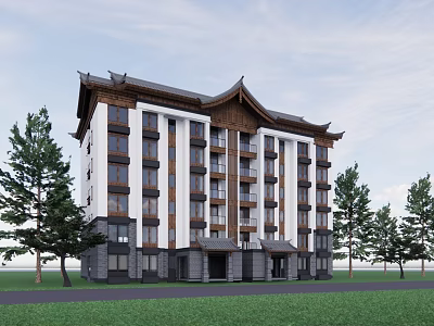 Traditional Chinese Multistory Building with Elegant Curved Roof and Green Lawn Trees 3d model