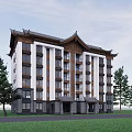 Traditional Chinese Multistory Building with Elegant Curved Roof and Green Lawn Trees