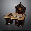 Vintage Carved Wooden Desk Setup With Open Book Candleholder And Decorative Bookshelf