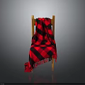 Wooden Chair Draped With Red And Black Checkered Blanket On Gray Background With Reflective Floor