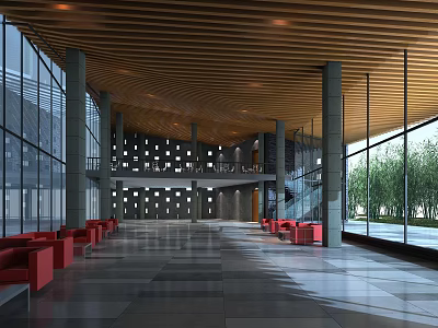 Modern Lobby Interior With Wooden Ceiling Glass Walls Red Sofas And Spacious Layout 3d model