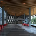 Modern Lobby Interior With Wooden Ceiling Glass Walls Red Sofas And Spacious Layout