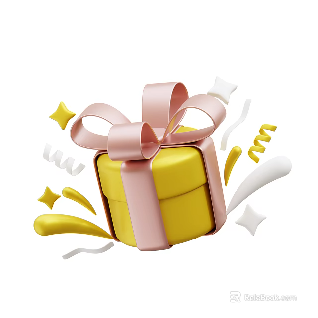Decorative Ornament Set with Yellow Gift Box Pink Ribbon Bow and Stars Streamers 3d model 