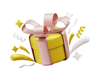 Decorative Ornament Set with Yellow Gift Box Pink Ribbon Bow and Stars Streamers 3d model