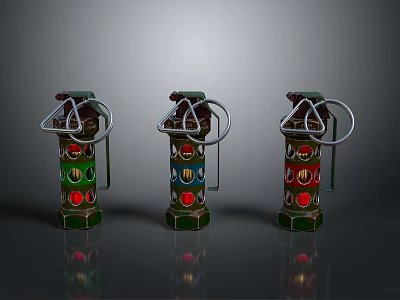 Three Colorful Grenades With Green Blue Red Circular Patterns And Metal Design 3d model