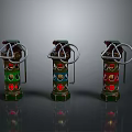 Three Colorful Grenades With Green Blue Red Circular Patterns And Metal Design