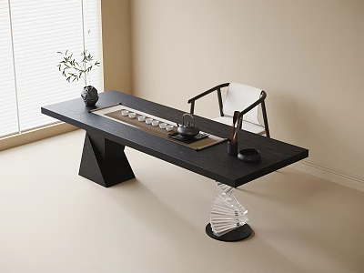 Modern Minimalist Tea Table and Chair Set With Black Tabletop Tea Set and White Chair 3d model