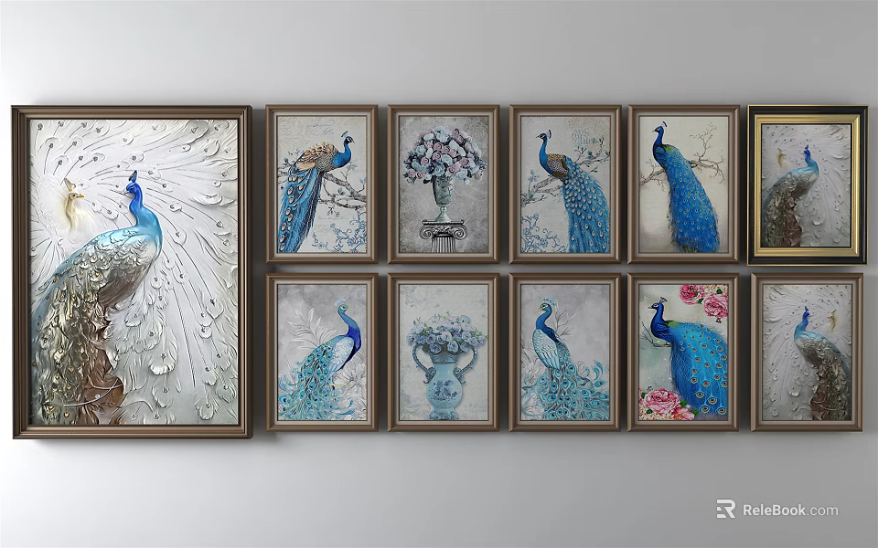 Multiple Framed Peacock Animal Paintings With Floral Elements For Home Decor Wall Art 3d model 