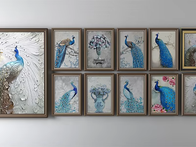 Multiple Framed Peacock Animal Paintings With Floral Elements For Home Decor Wall Art 3d model