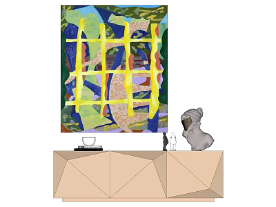 Vibrant Abstract Painting And Sculpture On Geometric Cabinet Decor 3d model