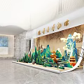 Modern Lobby Interior With Carved Relief Wall And Hanging Chandeliers