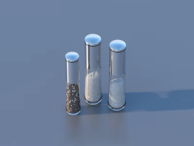Transparent Glass Spice Bottles With Silver Lids And Different Seasonings On Blue Background 3d model