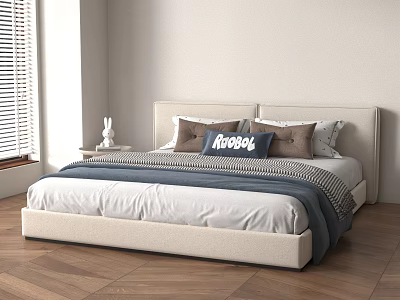 Kids Bed With Beige Headboard Blue Comforter Gray Pillows And Stuffed Toy On Wooden Floor 3d model