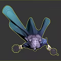 Purple Haired Fantasy Character Holding Small Creatures in Blue Outfit and Cloak