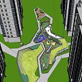 Aerial View of Children's Playground With Green Turf Yellow Structures and Curved Paths