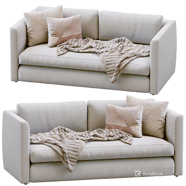 Light Beige Upholstered Two Seater Sofa With Decorative Pillows And Blanket 3d model 