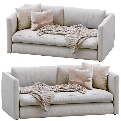 Light Beige Upholstered Two Seater Sofa With Decorative Pillows And Blanket 3d model