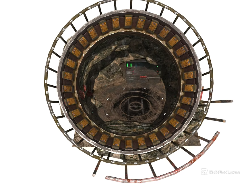Natural Underground Rock Formation Scene Featuring Circular Metal Frame And Vehicle 3d model 