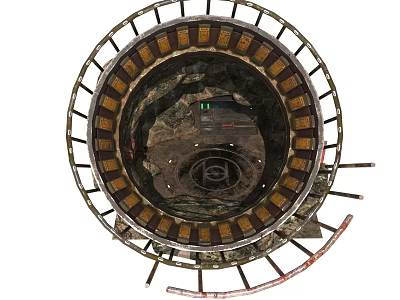 Natural Underground Rock Formation Scene Featuring Circular Metal Frame And Vehicle 3d model