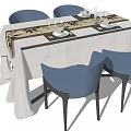 Modern Dining Table Set With White Tablecloth Leaf Pattern And Four Blue Chairs 3d model