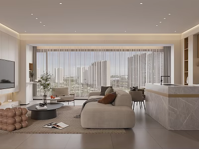 Modern Living and Dining Room Interior With Sofa Coffee Table Marble Counter And City View 3d model