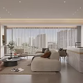 Modern Living and Dining Room Interior With Sofa Coffee Table Marble Counter And City View