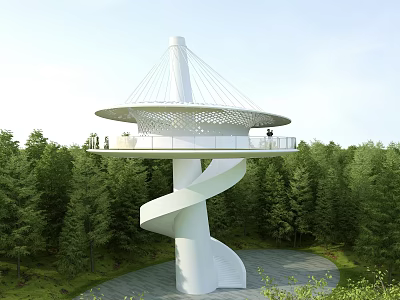White Spiral Tower With Round Observation Deck And Cable Stayed Structure In Forest 3d model